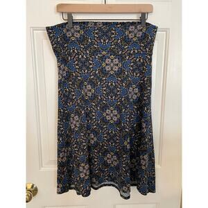Lularoe Womens Midi Skirt Size Large Pull On Blue Yellow Black Geometric Stretch
